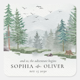 Rustieke Waterverf Mountain Green Pine Tree Bruilo Vierkante Sticker