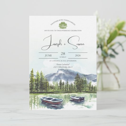 Rustieke Waterverf Mountain Lake Green Bruiloft Kaart (Staand voorkant)
