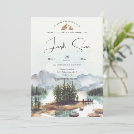 Rustieke Waterverf Mountain Lake Pine Trees Bruilo Kaart (Staand voorkant)
