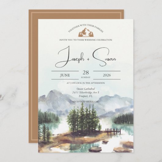 Rustieke Waterverf Mountain Lake Pine Trees Bruilo Kaart (Voorkant / Achterkant)