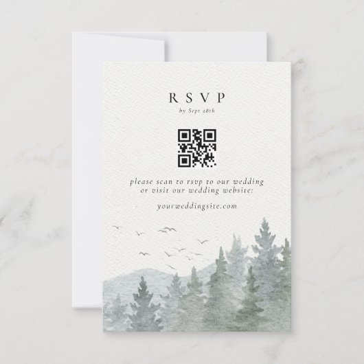 Rustieke Waterverf Mountain Tree Wedding QR-code RSVP Kaartje (Voorkant)