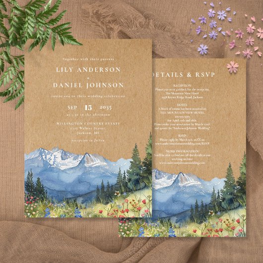 Rustieke Waterverf Mountain Wildflower Wedding Kaart