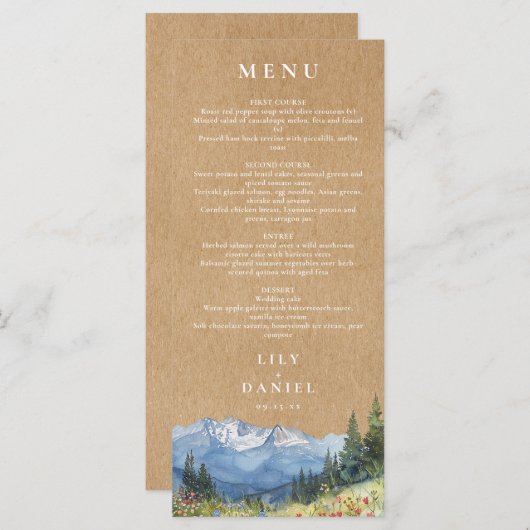 Rustieke Waterverf Mountain Wildflower Wedding Menu (Voorkant / Achterkant)