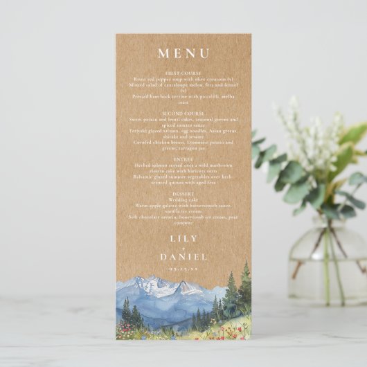 Rustieke Waterverf Mountain Wildflower Wedding Menu (Staand voorkant)