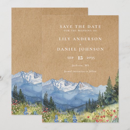 Rustieke Waterverf Mountain Wildflower Wedding Save The Date (Voorkant / Achterkant)