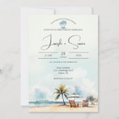 Rustieke Waterverf Ocean Beach & Palm Tree bruilof Kaart (Voorkant)