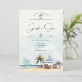 Rustieke Waterverf Ocean Beach & Palm Tree bruilof Kaart (Staand voorkant)