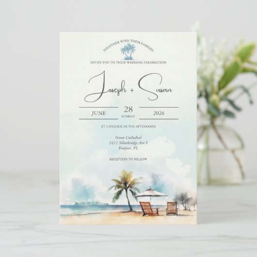 Rustieke Waterverf Ocean Beach & Palm Tree bruilof Kaart (Staand voorkant)