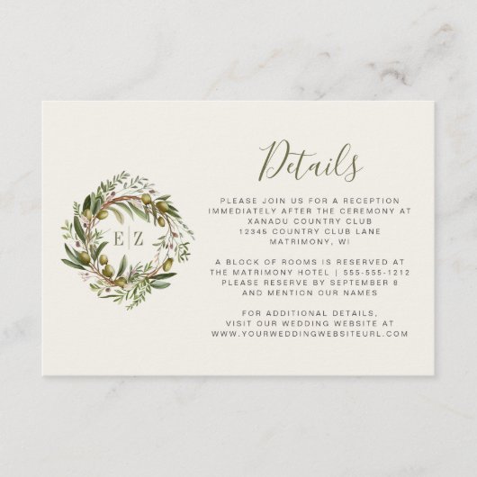 Rustieke Waterverf Olijfkrans Bruiloft Details Informatiekaartje (Voorkant)