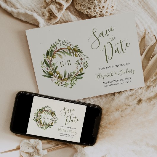 Rustieke Waterverf Olijfkrans Save the Date Kaart
