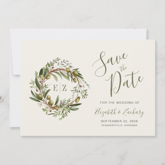 Rustieke Waterverf Olijfkrans Save the Date Kaart (Voorkant)