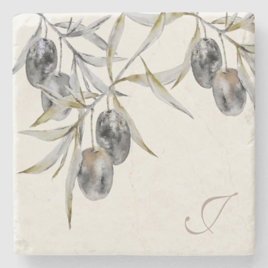 Rustieke Waterverf Olive Branch Monogram Stenen Onderzetter (Voorkant)