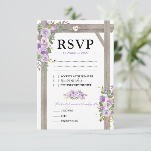Rustieke Waterverf Paarse Bloemen Bruiloft RSVP (Staand voorkant)