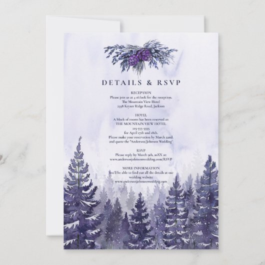 Rustieke Waterverf Paarse dennenboom bos bruiloft Kaart (Achterkant)