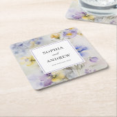 Rustieke Waterverf Paarse & Gele Bloemen Bruiloft Kartonnen Onderzetters (Schuin)