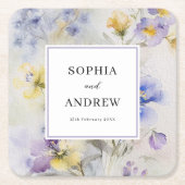 Rustieke Waterverf Paarse & Gele Bloemen Bruiloft Kartonnen Onderzetters (Voorkant)