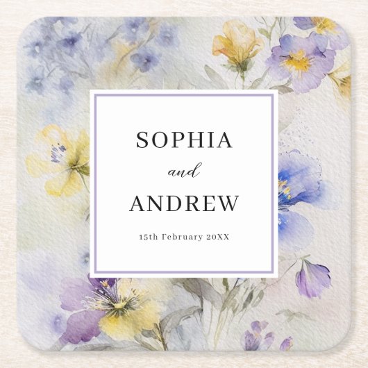 Rustieke Waterverf Paarse & Gele Bloemen Bruiloft Kartonnen Onderzetters (Voorkant)