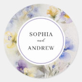 Rustieke Waterverf Paarse & Gele Bloemen Bruiloft Ronde Sticker (Voorkant)