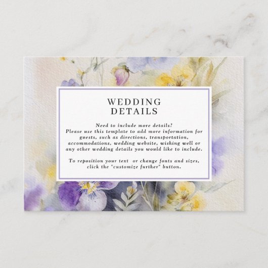 Rustieke Waterverf Paarse & gele bruiloft Details Informatiekaartje (Voorkant)