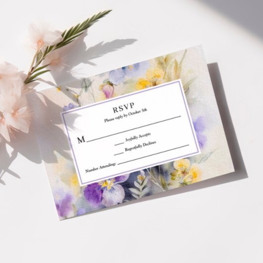 Rustieke Waterverf Paarse & Gele Bruiloft RSVP Kaartje