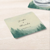 Rustieke waterverf pijnbomen bos bruiloft kartonnen onderzetters (Schuin)