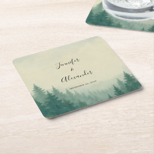Rustieke waterverf pijnbomen bos bruiloft kartonnen onderzetters (Schuin)