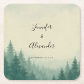 Rustieke waterverf pijnbomen bos bruiloft kartonnen onderzetters (Voorkant)