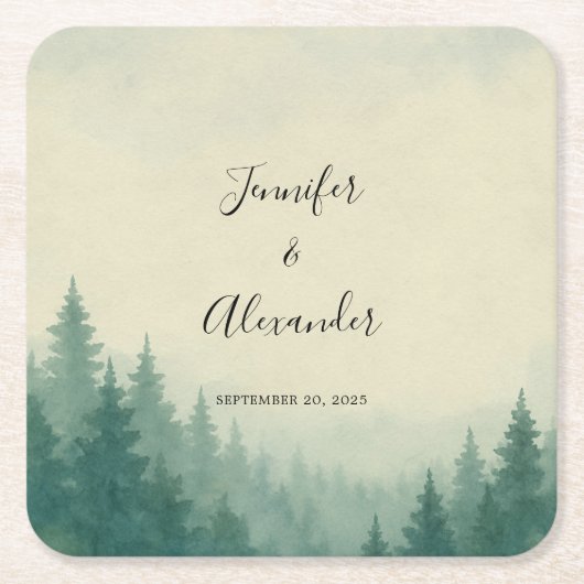 Rustieke waterverf pijnbomen bos bruiloft kartonnen onderzetters (Voorkant)