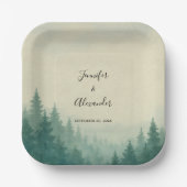 Rustieke waterverf pijnbomen bos bruiloft papieren bordje (Voorkant)