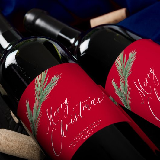 Rustieke waterverf pijnboom bough Christmas rood Wijn Etiket