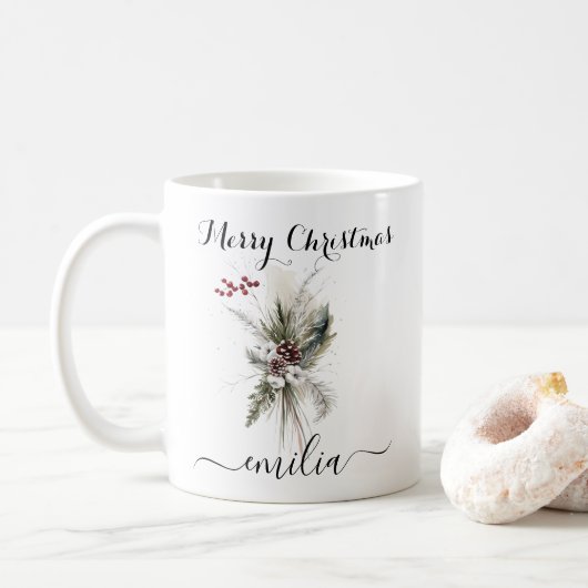 Rustieke Waterverf Pine Bloemen Vrolijke Kerstnaam Koffiemok (Met donut)