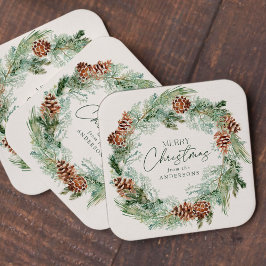 Rustieke Waterverf Pine Cone Krans Vrolijk Kerstfe Kartonnen Onderzetters