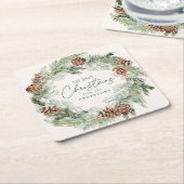 Rustieke Waterverf Pine Cone Krans Vrolijk Kerstfe Kartonnen Onderzetters (Schuin)