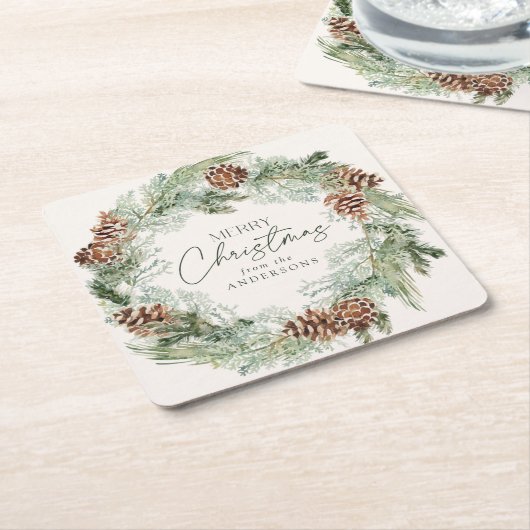 Rustieke Waterverf Pine Cone Krans Vrolijk Kerstfe Kartonnen Onderzetters (Schuin)