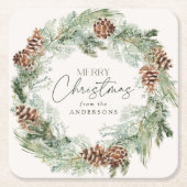 Rustieke Waterverf Pine Cone Krans Vrolijk Kerstfe Kartonnen Onderzetters (Voorkant)