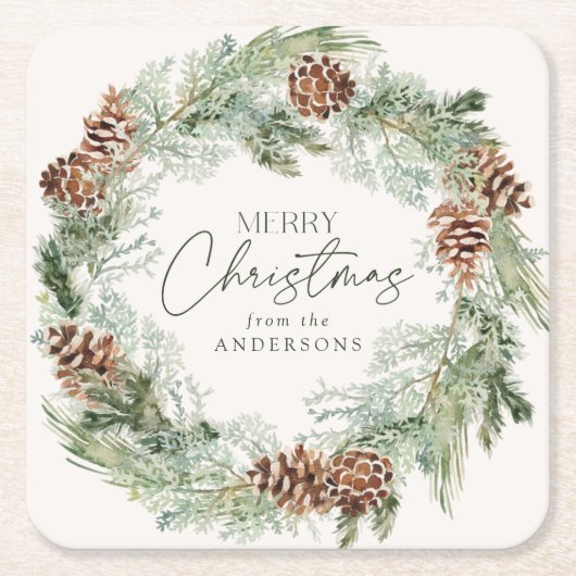Rustieke Waterverf Pine Cone Krans Vrolijk Kerstfe Kartonnen Onderzetters (Voorkant)