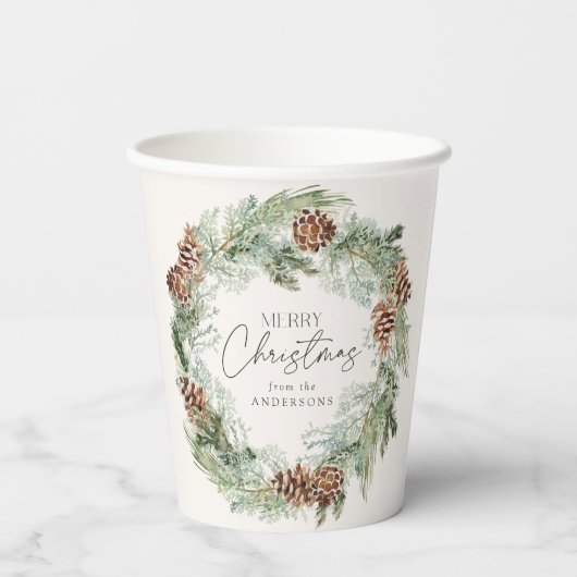 Rustieke Waterverf Pine Cone Krans Vrolijk Kerstfe Papieren Bekers (Achterkant)