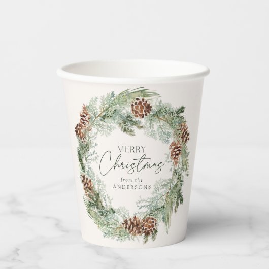 Rustieke Waterverf Pine Cone Krans Vrolijk Kerstfe Papieren Bekers (Voorkant)