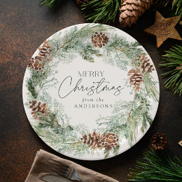 Rustieke Waterverf Pine Cone Krans Vrolijk Kerstfe Papieren Bordje