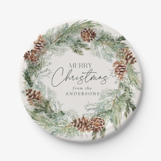 Rustieke Waterverf Pine Cone Krans Vrolijk Kerstfe Papieren Bordje (Voorkant)
