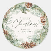Rustieke Waterverf Pine Cone Krans Vrolijk Kerstfe Ronde Sticker (Voorkant)