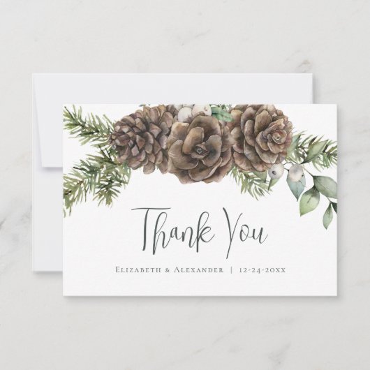 Rustieke Waterverf Pine Cone Winter Bruiloft Bedankkaart (Voorkant)