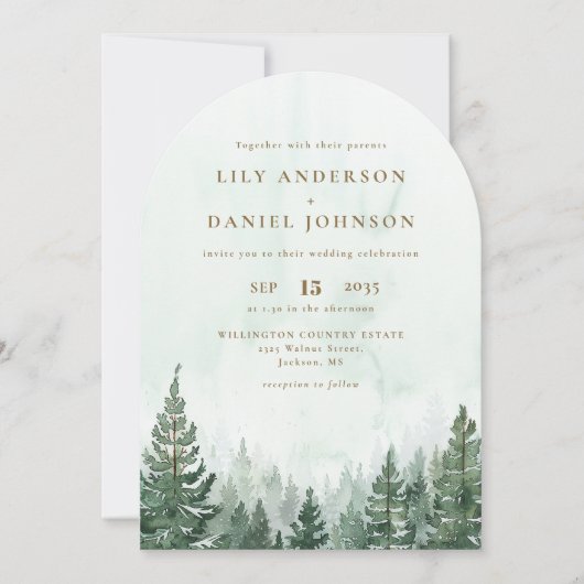 Rustieke Waterverf Pine Forest Wedding Arch Foto Kaart (Voorkant)