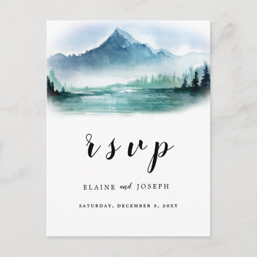 Rustieke Waterverf Pine Mountains Lake Wedding RSV Uitnodiging Briefkaart (Voorkant)