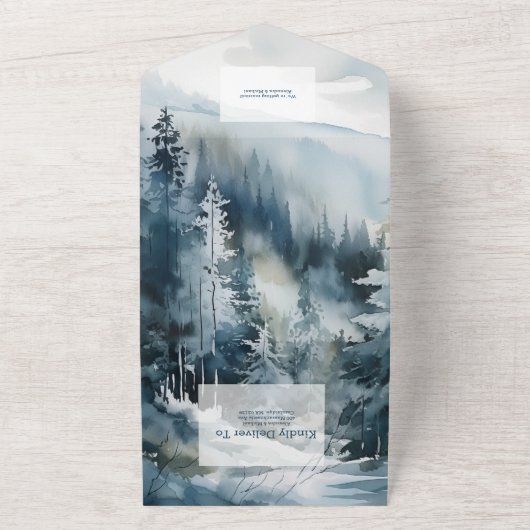 Rustieke Waterverf Pine Tree Bruiloft All In One Uitnodiging (Buitenkant)