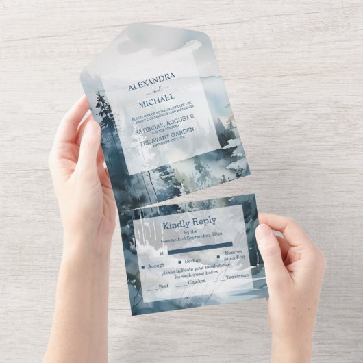 Rustieke Waterverf Pine Tree Bruiloft All In One Uitnodiging (Afscheurbaar)