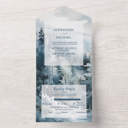 Rustieke Waterverf Pine Tree Bruiloft All In One Uitnodiging (Binnen)