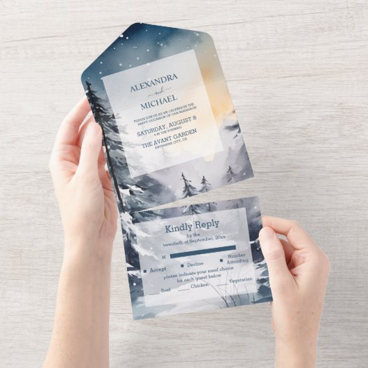 Rustieke Waterverf Pine Tree Bruiloft All In One Uitnodiging (Afscheurbaar)