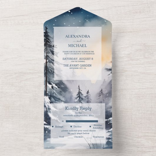 Rustieke Waterverf Pine Tree Bruiloft All In One Uitnodiging (Binnen)