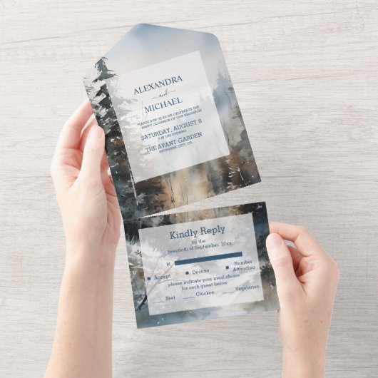 Rustieke Waterverf Pine Tree Bruiloft All In One Uitnodiging (Afscheurbaar)